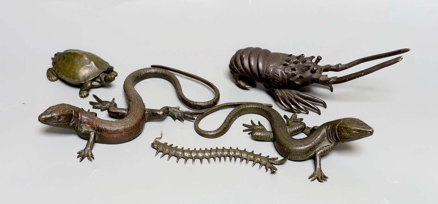 A group of bronze figures of two lizards, a centipede, a tortoise, and a crayfish, latter 16cm wide (5)